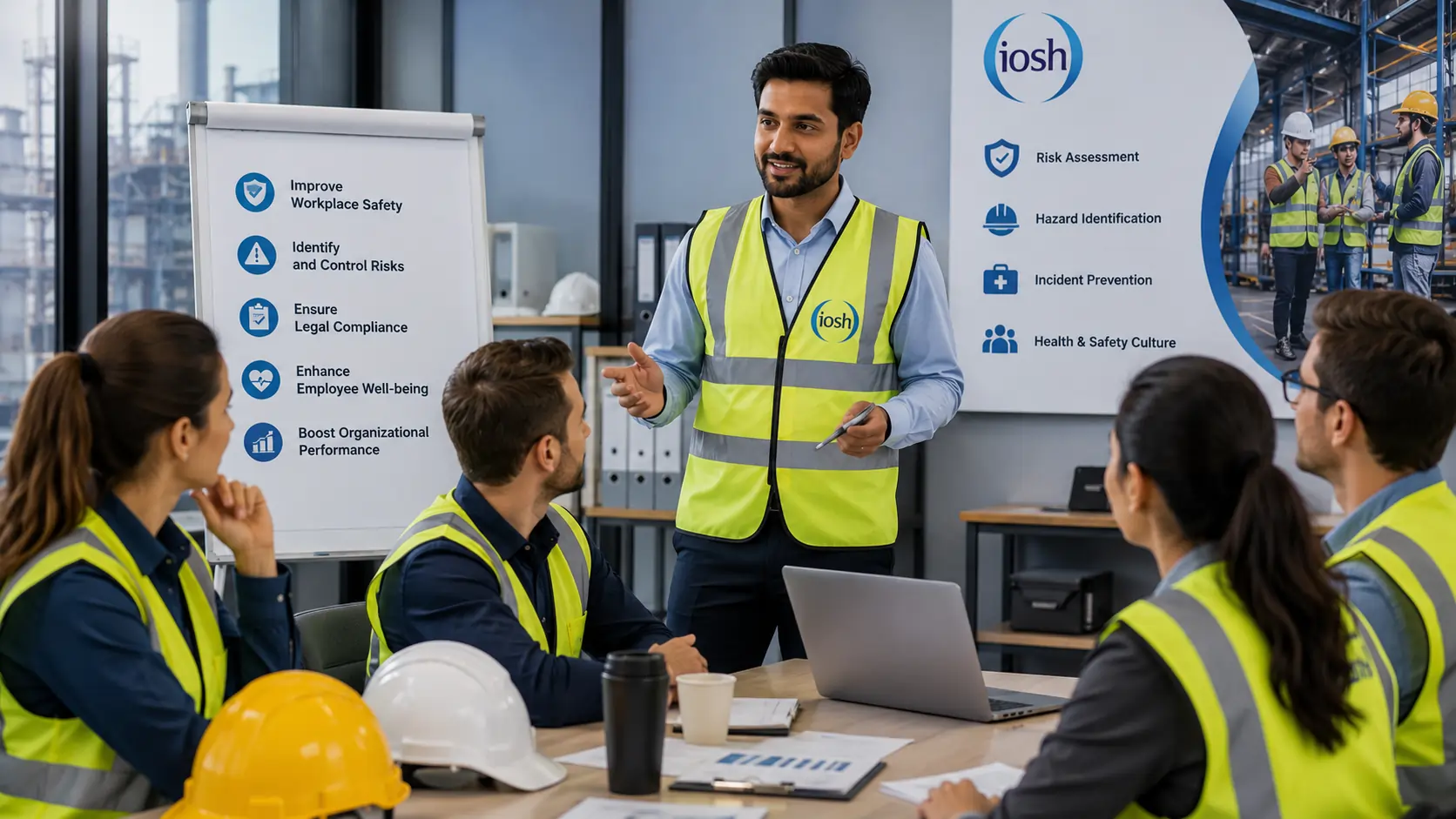 Workplace safety trainer conducting a professional IOSH health and safety training session for employees wearing high-visibility vests, focusing on risk assessment, hazard identification, incident prevention, and workplace safety best practices in an industrial training environment.