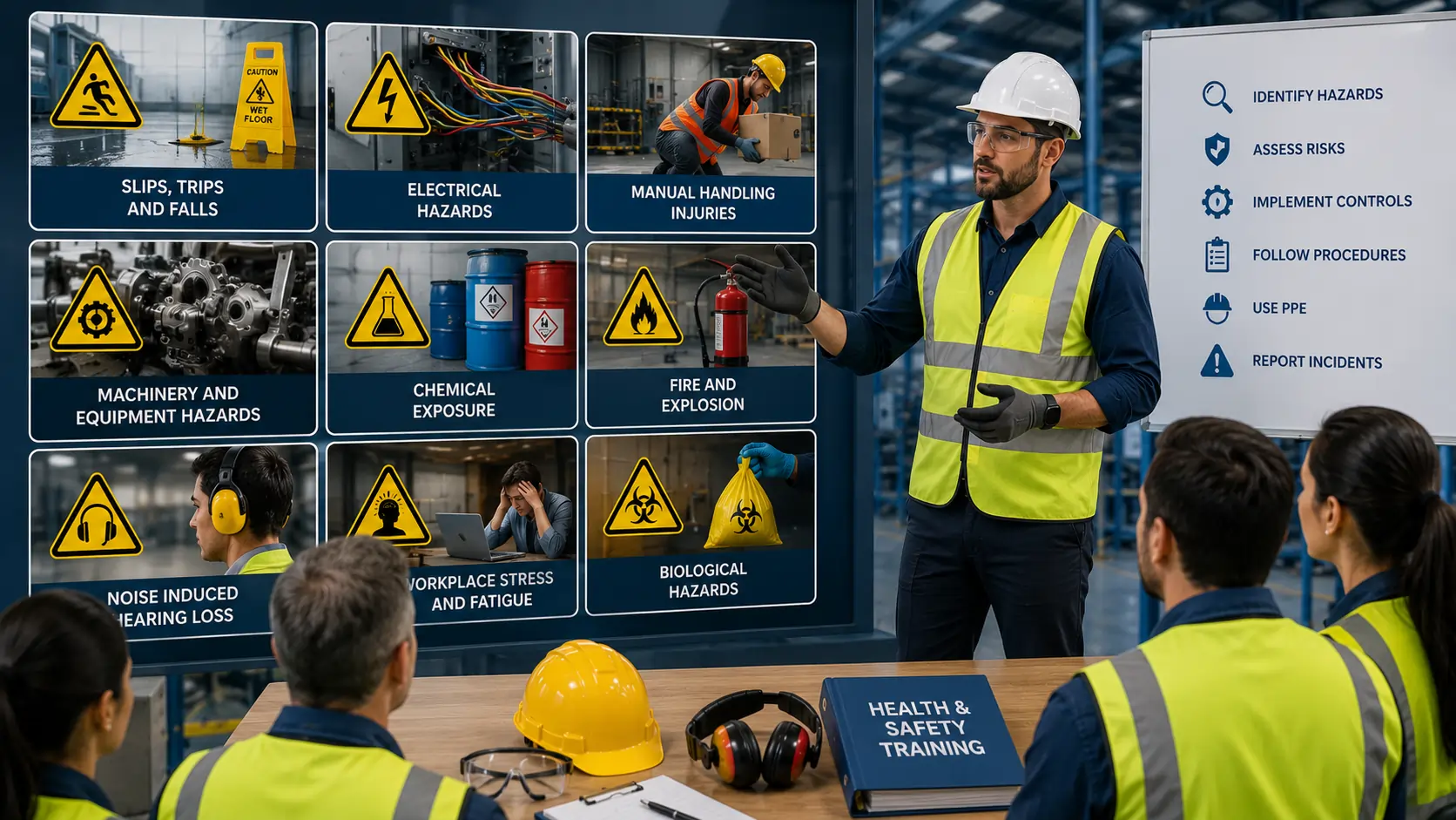 Health and safety instructor conducting workplace hazard awareness training for industrial employees, covering common risks such as slips and falls, electrical hazards, machinery dangers, chemical exposure, fire safety, noise hazards, and biological risks in a professional industrial environment.
