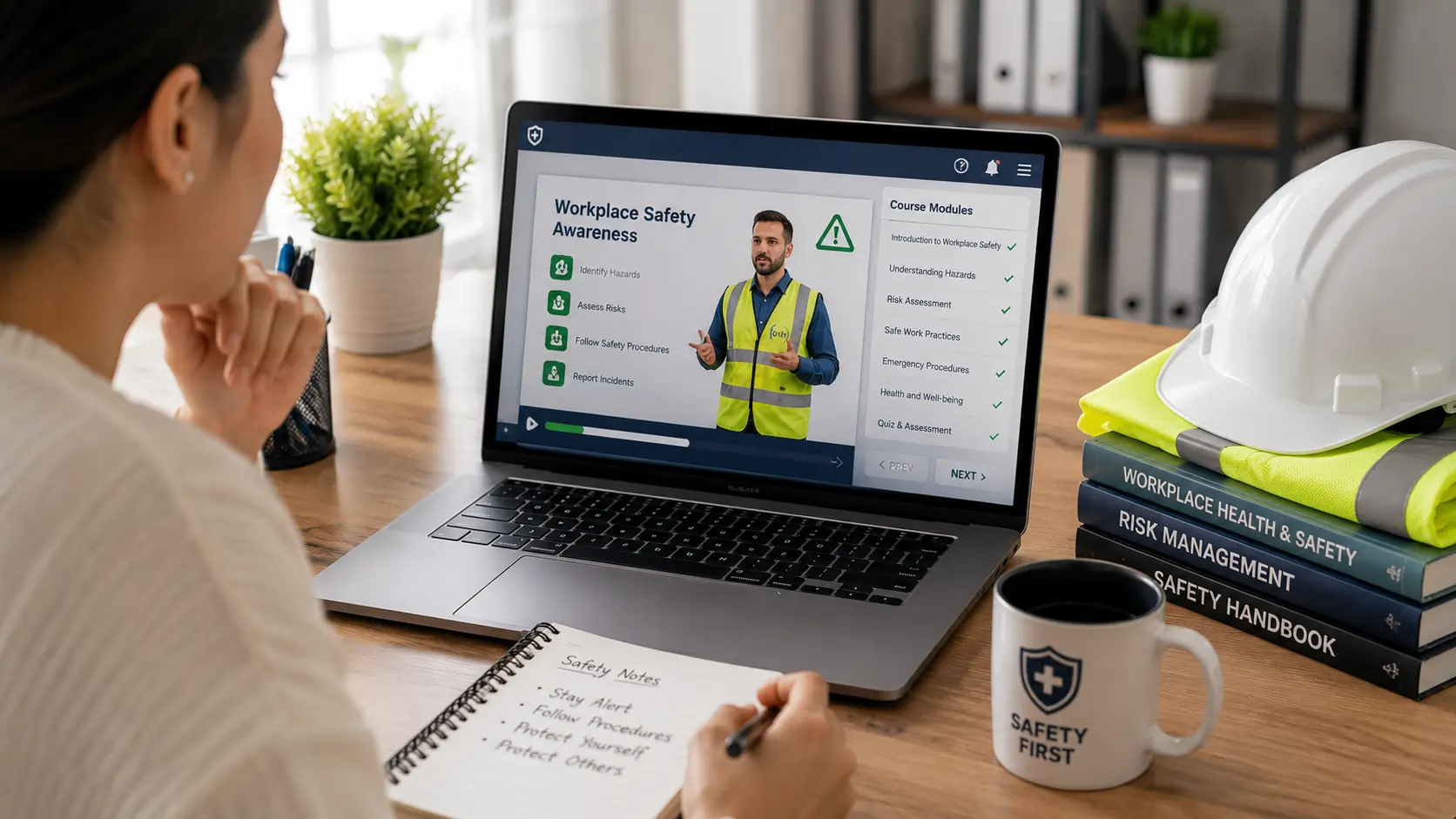 Employee participating in an online health and safety training course on a laptop in a modern workspace, learning workplace hazard awareness, risk assessment, safety procedures, and compliance practices with training materials and safety equipment nearby.