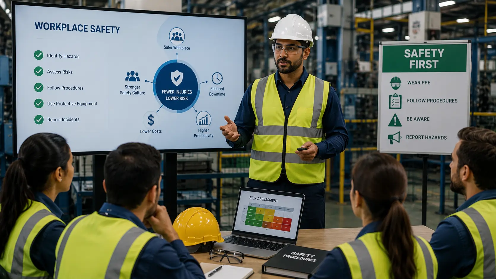 Workplace safety instructor leading a training session for industrial employees wearing high-visibility safety gear, demonstrating hazard awareness, risk assessment, and accident prevention practices to reduce workplace injuries and improve operational safety performance.