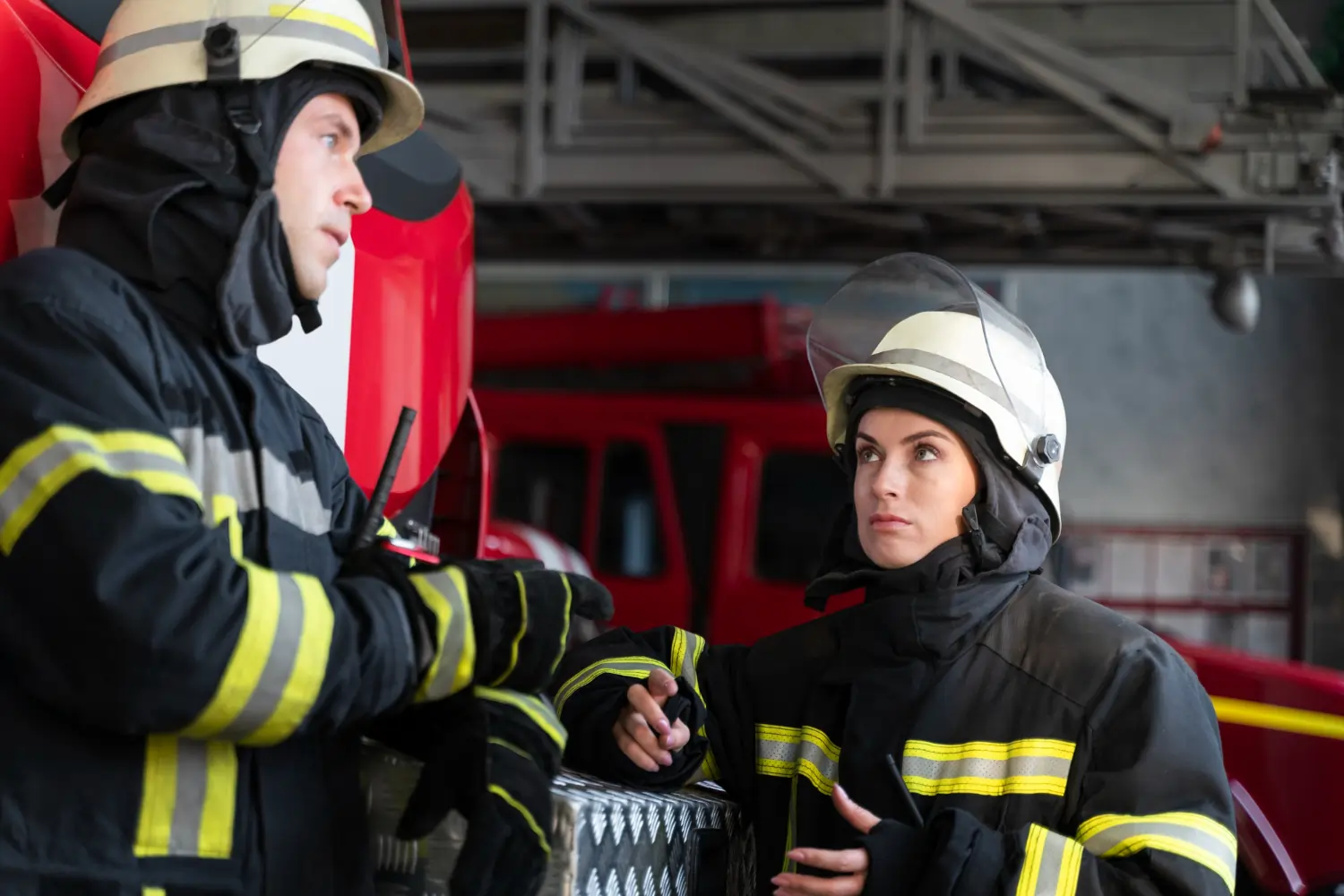 Two firefighters in full protective turnout gear and helmets stand next to a red fire engine inside a station bay, engaging in a serious operational discussion during workplace safety and emergency response training.