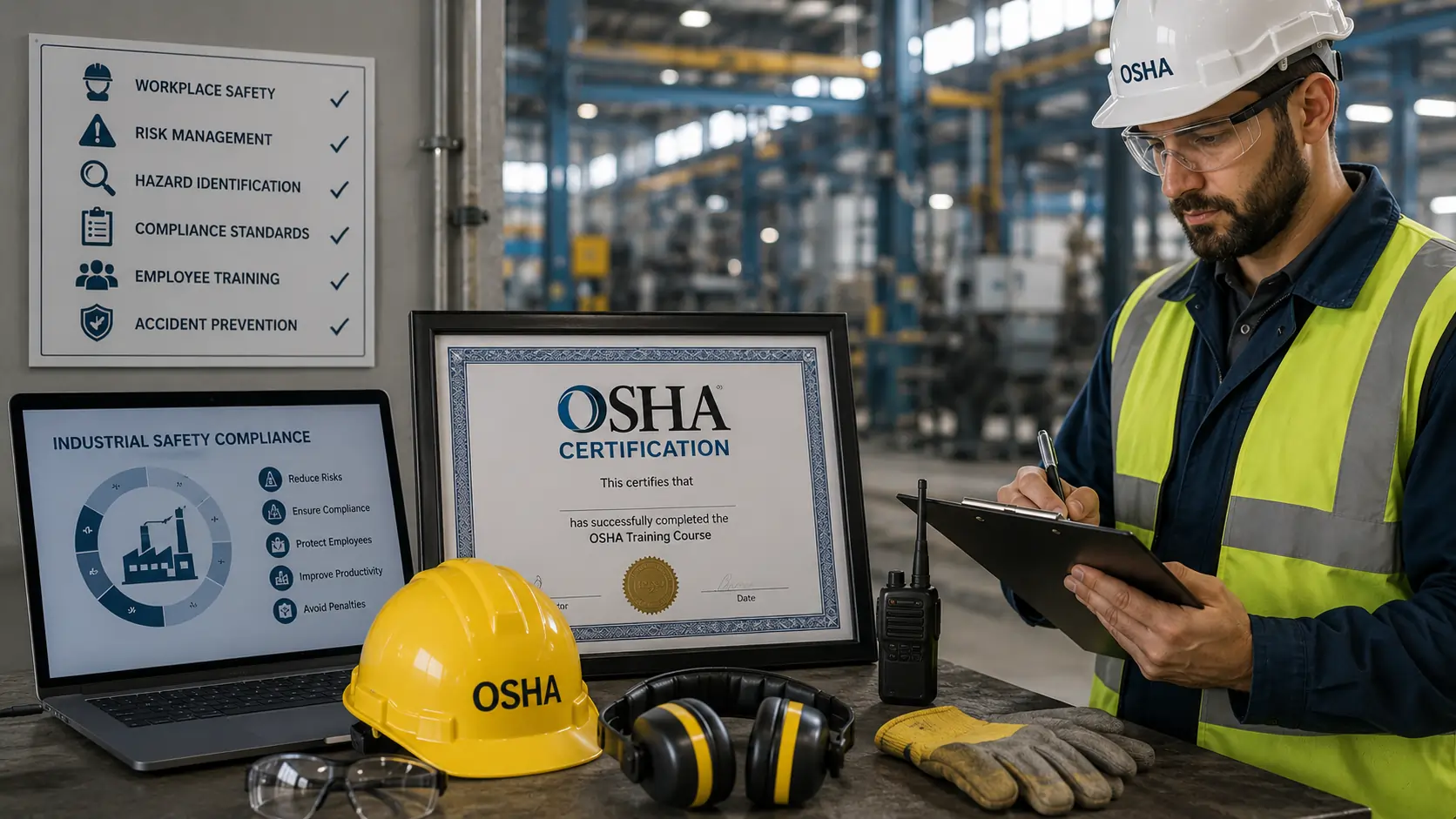 Industrial safety professional conducting a workplace compliance inspection in a manufacturing facility, surrounded by safety equipment, certification documents, and compliance checklists, demonstrating the role of OSHA certification in workplace safety, risk management, and regulatory compliance.